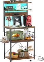 Bakers Rack with Power Outlet, Microwave Stand, 5 Tiers Coffee Bar Station with Led Lights, Kitchen Storage Shelf with 6 S-shaped Hooks, Kitchen Rack for Spices, Pots and Pans, Rustic Brown