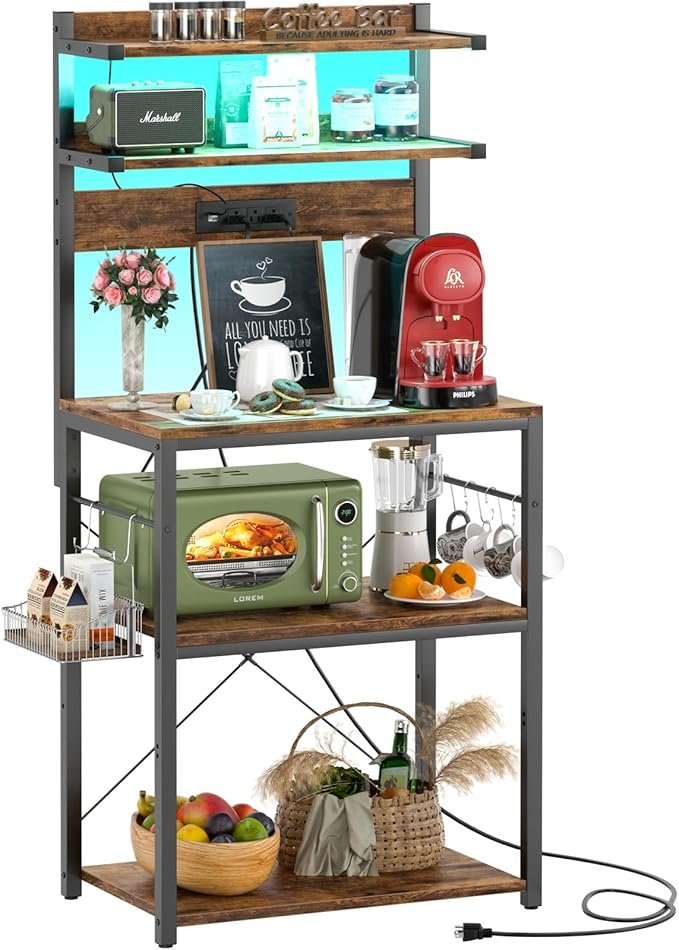 716EJ7P65aL._AC_SX679_ (1) Bakers Rack with Power Outlet, Microwave Stand, 5 Tiers Coffee Bar Station with Led Lights, Kitchen Storage Shelf with 6 S-shaped Hooks, Kitchen Rack for Spices, Pots and Pans, Rustic Brown - Image 1