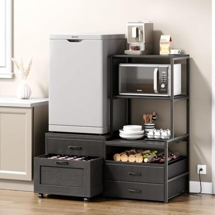 Mini Fridge Stand with Wine Rack, Kitchen Bakers Rack with Power