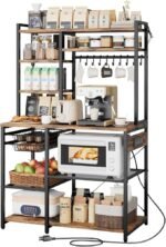 Kitchen Bakers Rack with Power Outlets, 35.4x15.7x70.9 Inch Microwave Stand with Built-in Power Strip & 5 Ft Cord, 10 S-Shaped Hooks, for Dish Storage, Spice Jars, Coffee Bar Organization