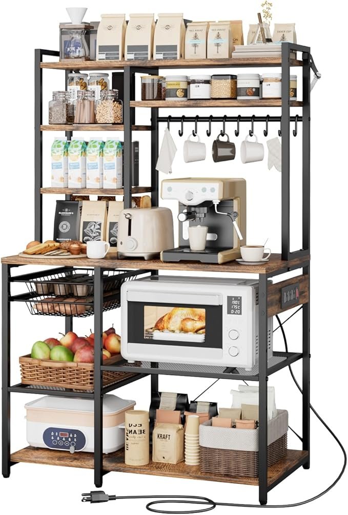 71IsvuPUY0L._AC_SX679_ Kitchen Bakers Rack with Power Outlets, 35.4x15.7x70.9 Inch Microwave Stand with Built-in Power Strip & 5 Ft Cord, 10 S-Shaped Hooks, for Dish Storage, Spice Jars, Coffee Bar Organization - Image 1