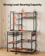 Kitchen Bakers Rack with Power Outlets, 35.4x15.7x70.9 Inch Microwave Stand with Built-in Power Strip & 5 Ft Cord, 10 S-Shaped Hooks, for Dish Storage, Spice Jars, Coffee Bar Organization - Image 3