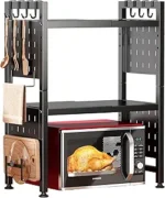 Microwave Stand, 3-Tier Expandable(17.4"- 27.4") Heavy Duty Adjustable Shelf Microwave Oven Rack, Kitchen Countertop Organizer and Storage with 9 Hooks & Cutting Board Holder, Holds up 180 lbs, Black