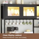Bakers Rack with Power Outlet and LED Light, 45.3 Inch Farmhouse Coffee Bar Cabinet, Kitchen Microwave Stand with Storage, Glass Cabinet, Goblet Holder and 8 Hooks, Black - Image 4