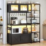 Bakers Rack with Power Outlet and LED Light, 45.3 Inch Farmhouse Coffee Bar Cabinet, Kitchen Microwave Stand with Storage, Glass Cabinet, Goblet Holder and 8 Hooks, Black
