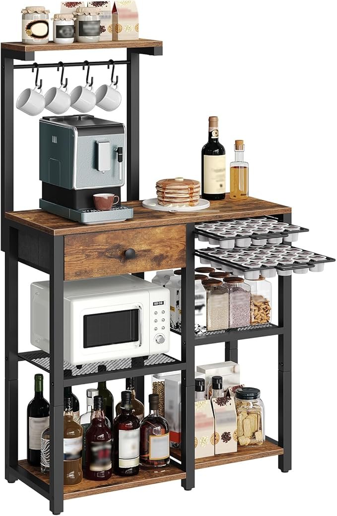 71j24VYyYYL._AC_SX679_ Bakers Rack with Storage, 5-Tier Coffee Bar Station with Drawer, Kitchen Coffee Stand with Pod Drawer Holder, for Living Room, Home Cafe, Kitchen, Rustic Brown KF60BRY1 - Image 1