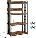 Adjustable 4-Tier Heavy Duty Kitchen Baker's Rack with Power Outlet, with Industrial Wheels, Free Standing Microwave Oven Cart Stand for Storage in Living Room, Garage, Rustic Brown