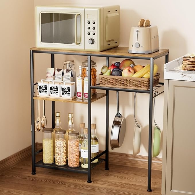 71rkURQodpL._AC_SX679_ Consumest Microwave Stand, Adjustable Coffee Bar Cabinet, Multifunctional Pan Organizer with 6 Hooks and 3 Shelves, Bakers Rack for Shovel, Pots, Fruits, Vegetables, Brown&Black - Image 1