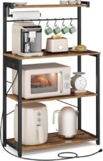 VASAGLE Kitchen Bakers Rack with Power Outlet, Coffee Bar 4-Tier with 8 S Hooks, Microwave Stand