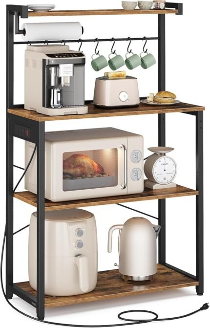 VASAGLE Kitchen Bakers Rack with Power Outlet, Coffee Bar 4-Tier with 8 S Hooks, Microwave Stand