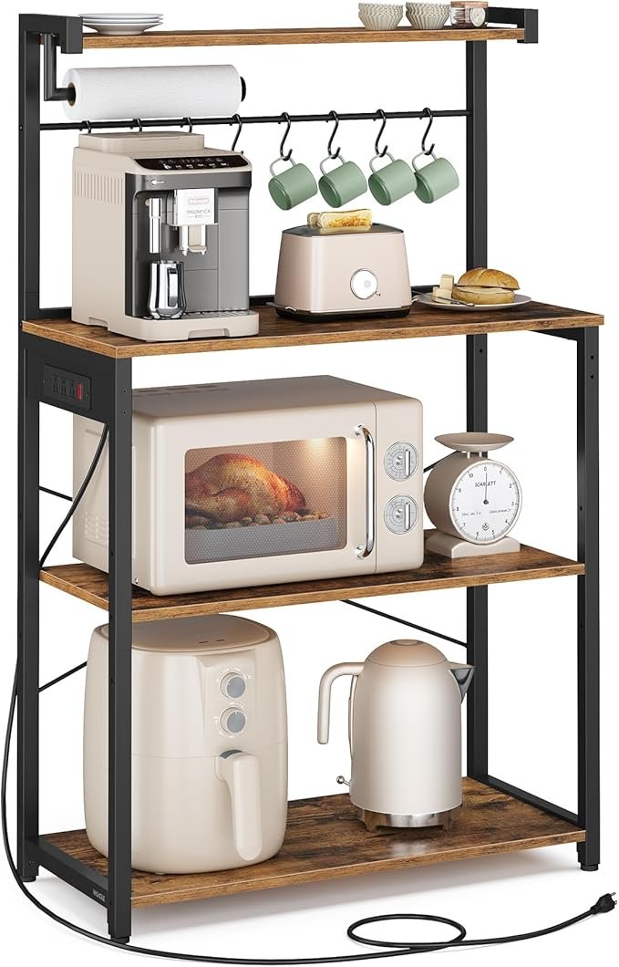 71uublunMxL._AC_SX679_ VASAGLE Kitchen Bakers Rack with Power Outlet, Coffee Bar 4-Tier with 8 S Hooks, Microwave Stand - Image 1