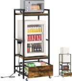 Mini Fridge Stand with Movable Drawer, Microwave Stand with Power Outlet, Mini Fridge Shelf with Adjustable Shelves, Kitchen Bakers Rack for Dorm, Dining Room, Home, Rustic Brown HB05UBR