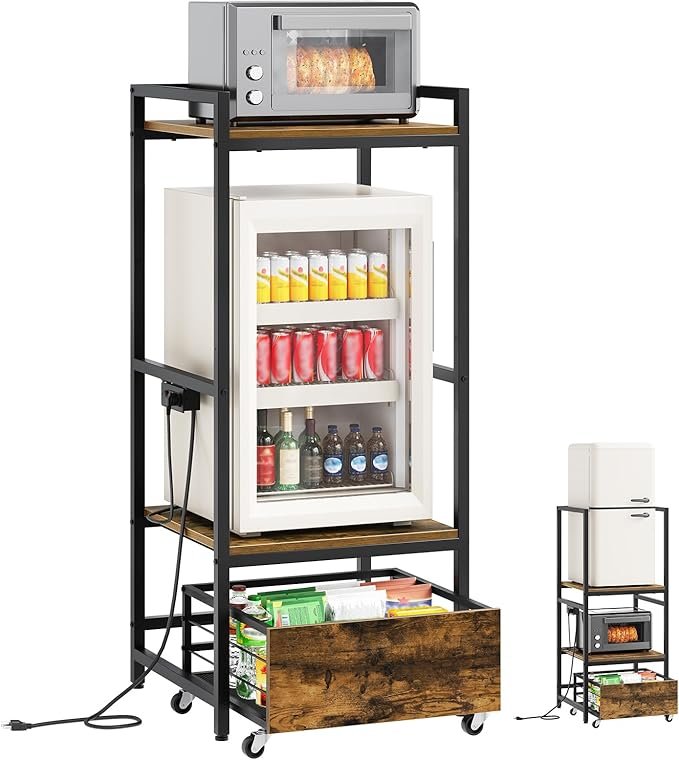 71wNHPZaf9L._AC_SX679_ Mini Fridge Stand with Movable Drawer, Microwave Stand with Power Outlet, Mini Fridge Shelf with Adjustable Shelves, Kitchen Bakers Rack for Dorm, Dining Room, Home, Rustic Brown HB05UBR - Image 1