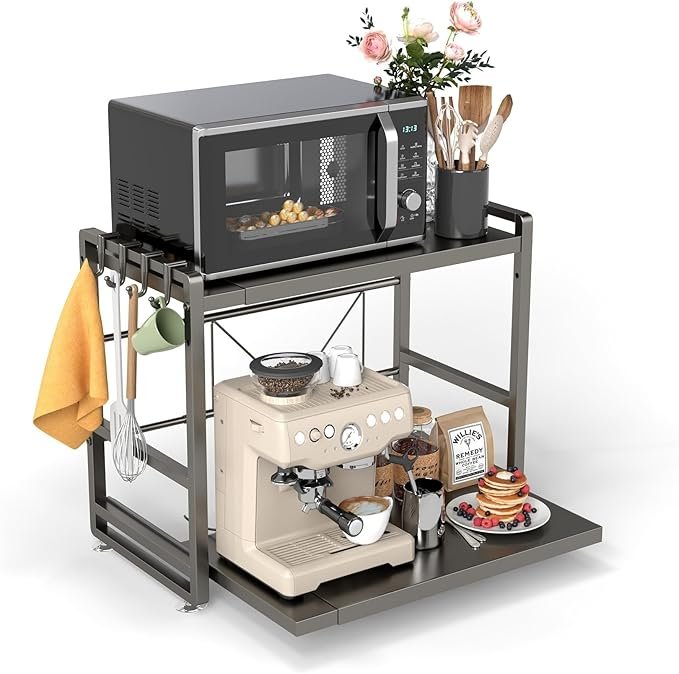 71zZlqy8EYL._AC_SX679_ Microwave Rack - Height Adjustable & Extendable Kitchen Shelf with Drawer - Image 1