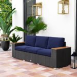 3-Seat Outdoor Patio Sofa With Cushions, PE Rattan Wicker Sofa With Wide Armrests, Outdoor Wicker Couch, Navy Blue - Image 2