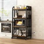 4-Tier Kitchen Bakers Rack with Power Outlet and Rolling Wheels, Microwave Stand with Storage, Adjustable Kitchen Shelves Freestadning, Coffee Bar Station, Bakers Rack for Spices, Pots and Pans, Brown - Image 2