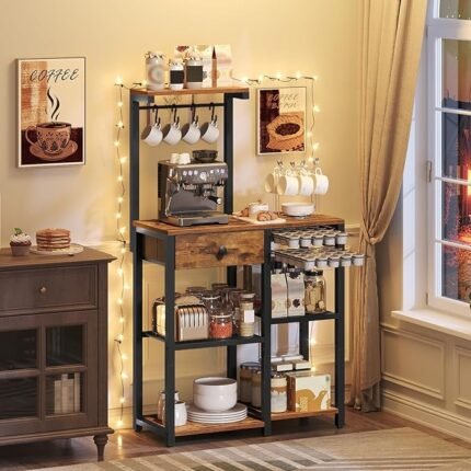 Bakers Rack with Storage, 5-Tier Coffee Bar Station with Drawer,