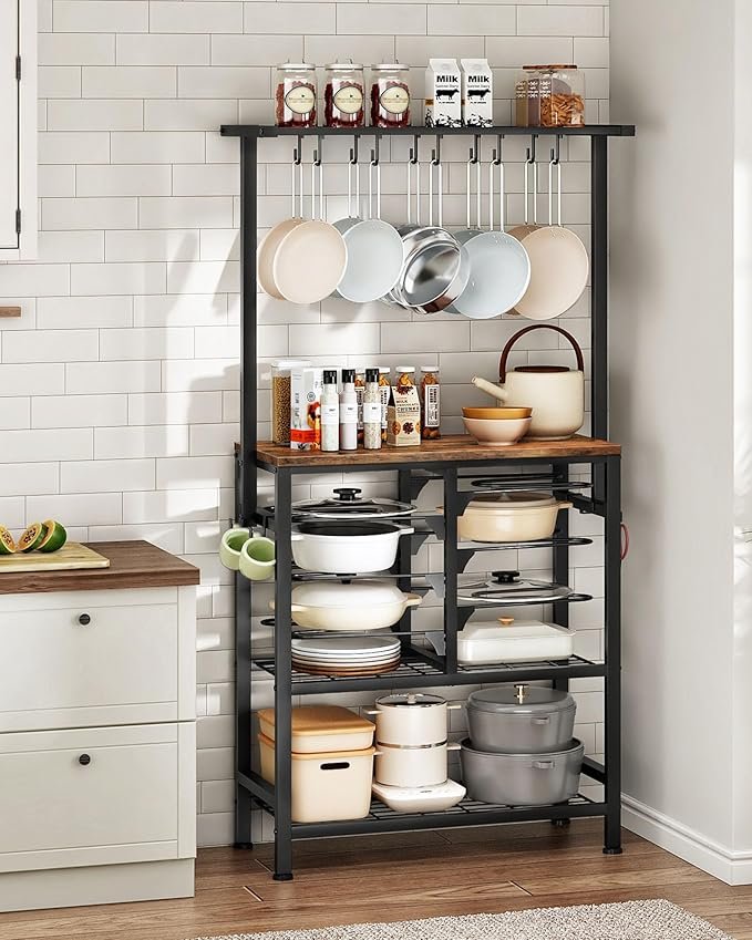 81EeWBt2ebL._AC_SX679_ Pots and Pans Organizer Rack, Kitchen Bakers Rack, Multi-Tier Storage Shelf, Kitchen Island Table, Cooking Rack with Pots and Pans Storage, Rustic Brown and Black TPR60BF - Image 1