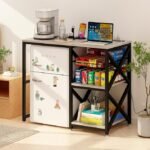 Kitchen Bakers Rack with Power Outlet,Mini Fridge Cabinet with Mesh Basket, Mini Fridge and Microwave Table with Storage for Office,Kitchen,Living Room,Coffee Bar,Patio,Greige - Image 2