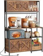 Huuger Large Bakers Rack with Power Outlet, Kitchen Microwave Stand with Cabinets, Coffee Bar