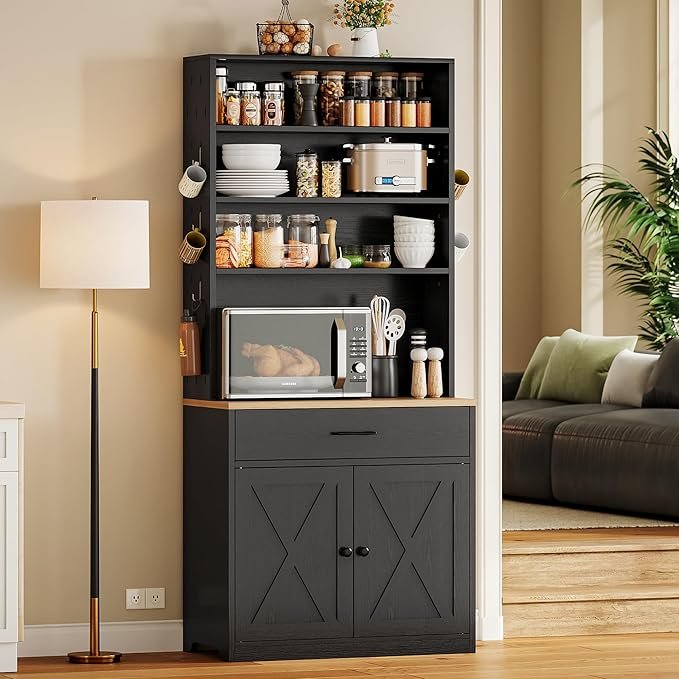 81LFJ3n75bL._AC_SX679_ Bakers Rack Microwave Stand with Customizable Pegboard and Storage, 71" Farmhouse Coffee Bar Cabinet with Drawer, Barn Doors, Adjustable Shelves for Kitchen, Dining Room, Living Room, Black - Image 1