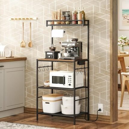 Bakers Rack with Storage, Microwave Stand with Paper Holder, Bakers Rack with Power Outlet, Coffee Bar Station with 6 Hooks