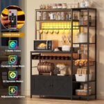 Bakers Rack with Power Outlet, Kitchen Microwave Stand with Storage Cabinet, 47.24 Inch Coffee Bar Cabinet, Kitchen Racks with Shelves, LED Light, Globlet Holder and Wine Basket, Black - Image 3