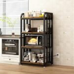 4-Tier Kitchen Bakers Rack with Power Outlet and Rolling Wheels, Microwave Stand with Storage, Adjustable Kitchen Shelves Freestadning, Coffee Bar Station, Bakers Rack for Spices, Pots and Pans, Brown - Image 3