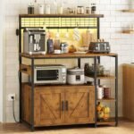 TVU Bakers Rack with Power Outlet and LED Light, Microwave Stand with Storage