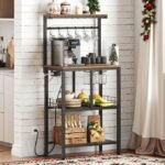 Bakers Rack with Power Outlet, Microwave Stand with Paper Holder, Coffee Bar Station with Wine Glass Holder, 4-Tier Kitchen Storage Rack for Dining Room, Living Room, Rustic Brown HB02UBR - Image 3