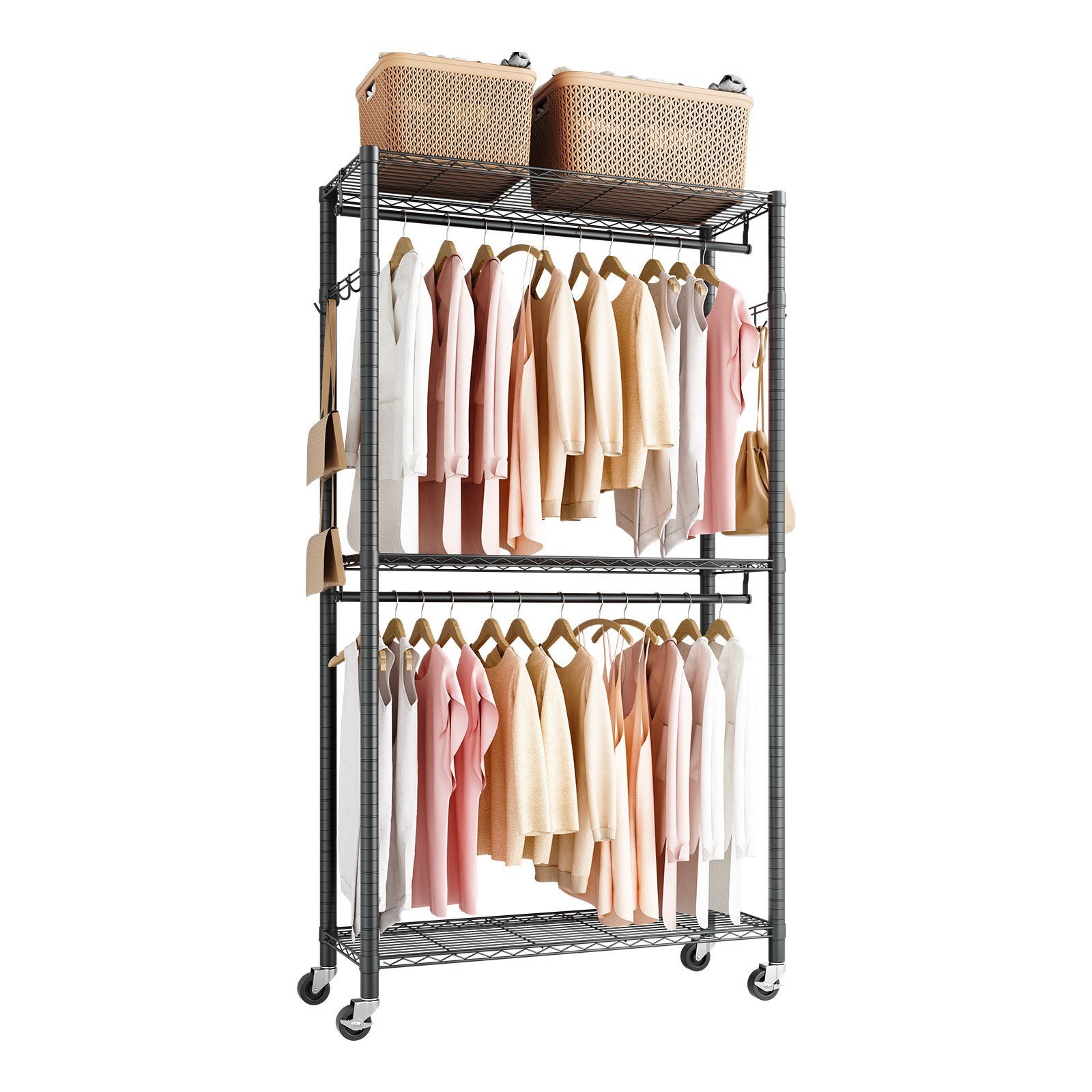 8674efd4-850e-4806-819a-e4ac8a7f210c.jpg Rolling Clothes Rack, Heavy Duty Clothing Garment Rack, 3 Adjustable Tiers Clothing Racks With Carbon Steel, 450 Lbs Load Capacity Closet Wardrobe For Bedroom, Clothing Store, Hallway - Image 1