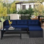 3 Piece Patio Furniture Set, Rattan Outdoor Sofa Set with Chaise Lounge & Loveseat, Soft Cushions, Tempered Glass Table, L-Shaped Sectional Couch, Blue - Image 8