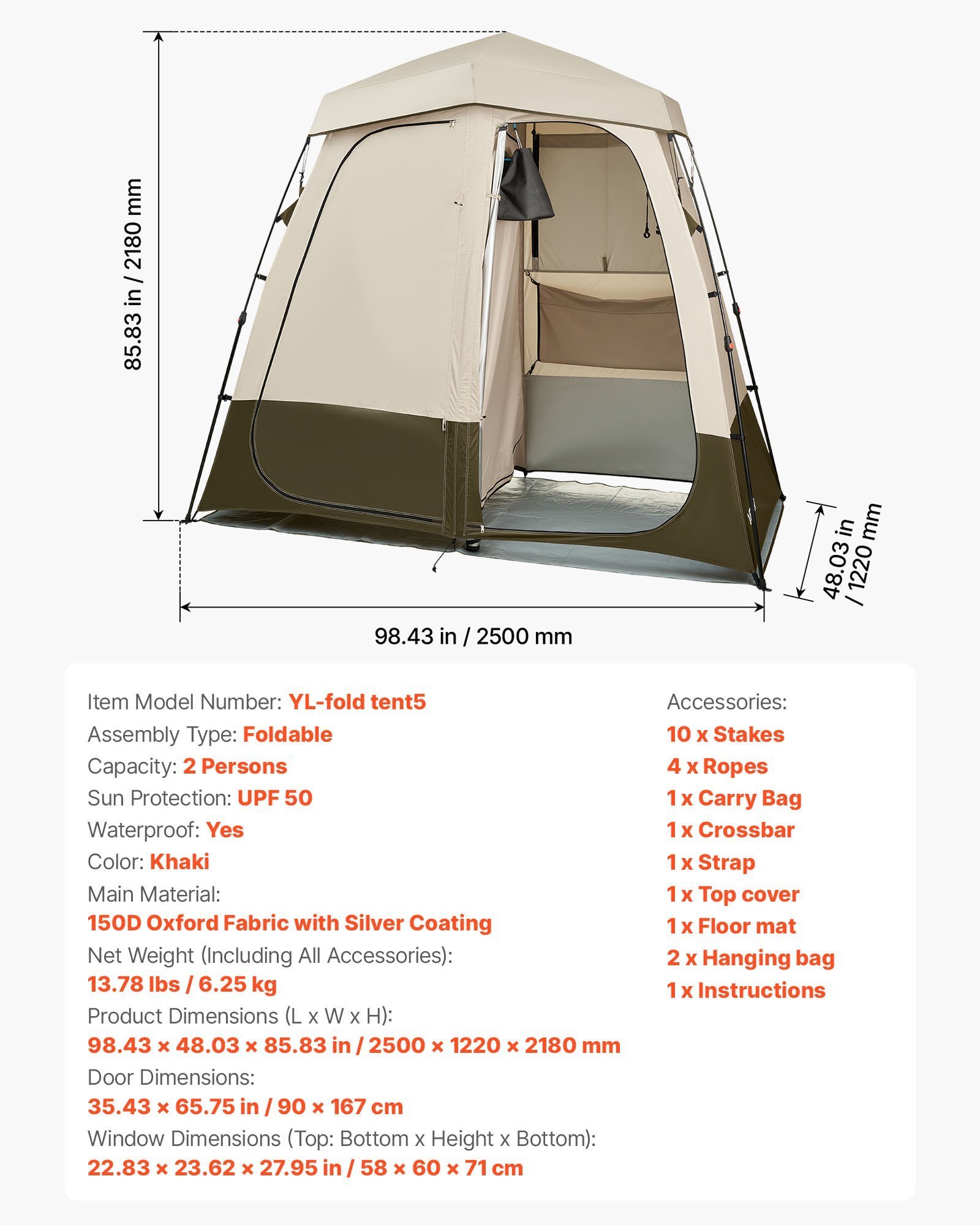 88185050-9003-4049-b44f-5cedbc29ad82.jpg Camping Shower Tent, 2-Room Foldable Privacy Tent Changing Room With Ground Stakes, Ropes, Carry Bag, And Crossbar, 150D Oxford Fabric With Silver Coating, For Camping, Beach, And Fishing - Image 1