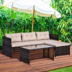 3 Piece Patio Furniture Set, Rattan Outdoor Sofa Set with Chaise Lounge & Loveseat, Soft Cushions, Tempered Glass Table, L-Shaped Sectional Couch, Beige