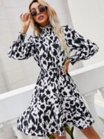 Leopard Print Round Hedging Ruffled Long-sleeved Midi Dress Information - Image 2