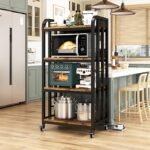 4-Tier Kitchen Bakers Rack with Power Outlet and Rolling Wheels, Microwave Stand with Storage, Adjustable Kitchen Shelves Freestadning, Coffee Bar Station, Bakers Rack for Spices, Pots and Pans, Brown