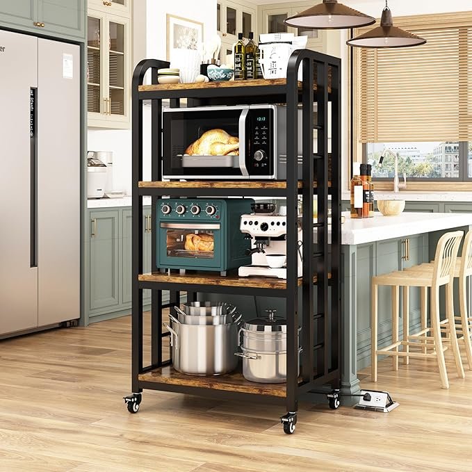 91sLYfdwABL._AC_SX679_ 4-Tier Kitchen Bakers Rack with Power Outlet and Rolling Wheels, Microwave Stand with Storage, Adjustable Kitchen Shelves Freestadning, Coffee Bar Station, Bakers Rack for Spices, Pots and Pans, Brown - Image 1