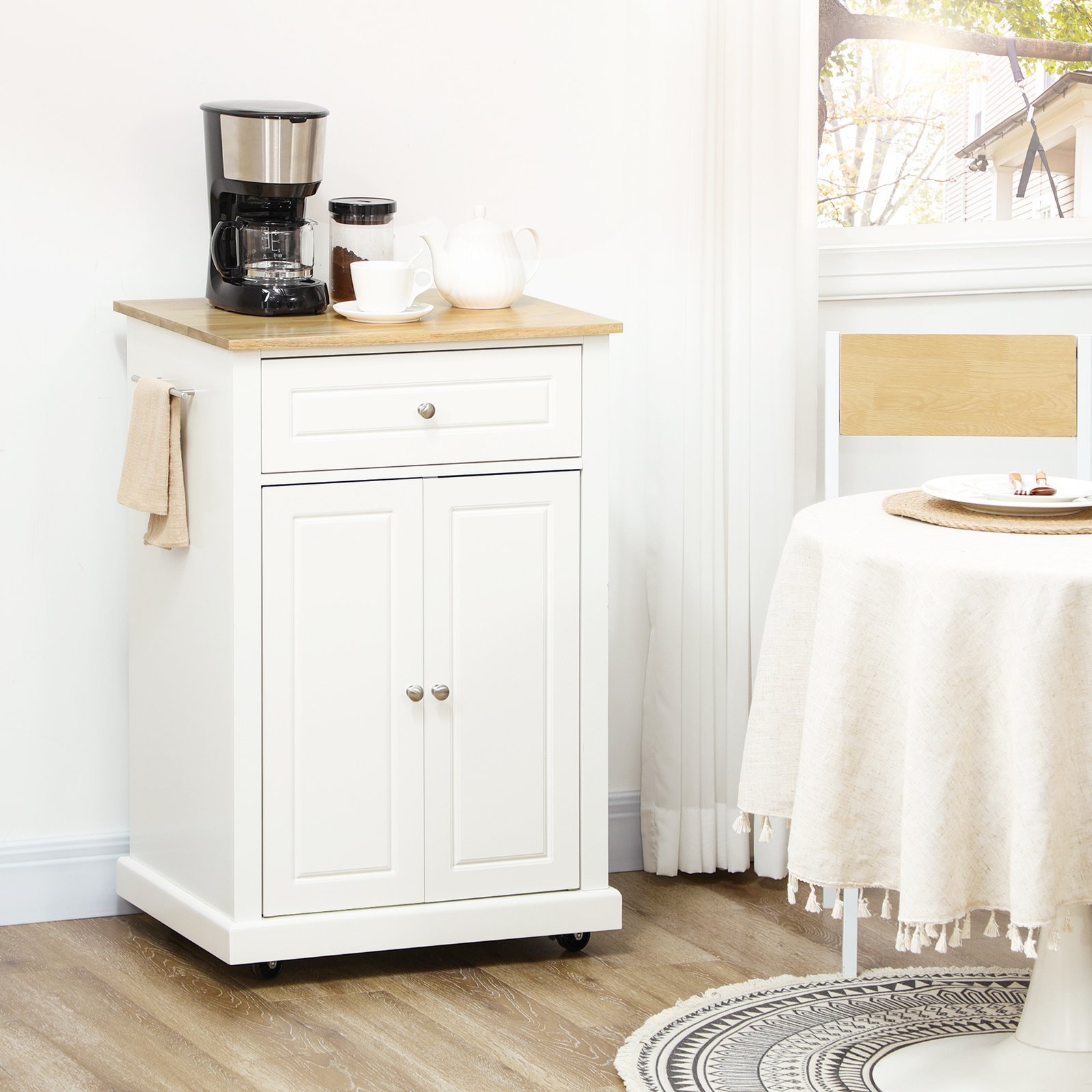 932209c6-3511-4e02-bad1-b9efe5dafd07.jpg Rolling Kitchen Island Cart, Portable Serving Trolley Table With Drawer, Adjustable Shelf And 2 Towel Racks, Cream White - Image 1