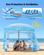 Beach Cabana, 6 X 6 Ft Beach Canopy With Side Wall, UPF 50+ Protection Easy Setup Cabana Tent With Sand Pockets, Portable Shade Sun Shelter Umbrella For Whole Family & Friends, Blue Stripes - Image 3