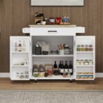 Kitchen Island Rolling Trolley Cart With 1 Drawer & 2 Doors With Storage Racks & Adjustable Shelves & Towel Rack & Seasoning Rack Rubber Wood Table Top-White - Image 4