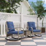 3 Piece Wicker Patio Furniture Set, Outdoor PE Rattan Rocking Chairs With Coffee Table, Cushions For Porch, Gray - Image 4