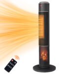 33inch Tower Space Heater With 3D Flame, 1500W Portable Electric Heater With Thermostat, 60 Degrees Oscillation, Timer, Remote Control, For Indoor Bedroom Office Home, Black - Image 10