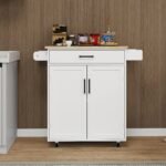 Kitchen Island Rolling Trolley Cart With 1 Drawer & 2 Doors With Storage Racks & Adjustable Shelves & Towel Rack & Seasoning Rack Rubber Wood Table Top-White - Image 5