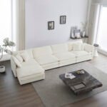 Modular Sectional Sofa For Living Room,U Shaped Couch 5 Seater Convertible Sectional Couch With 1 Ottoman ,White Chenille