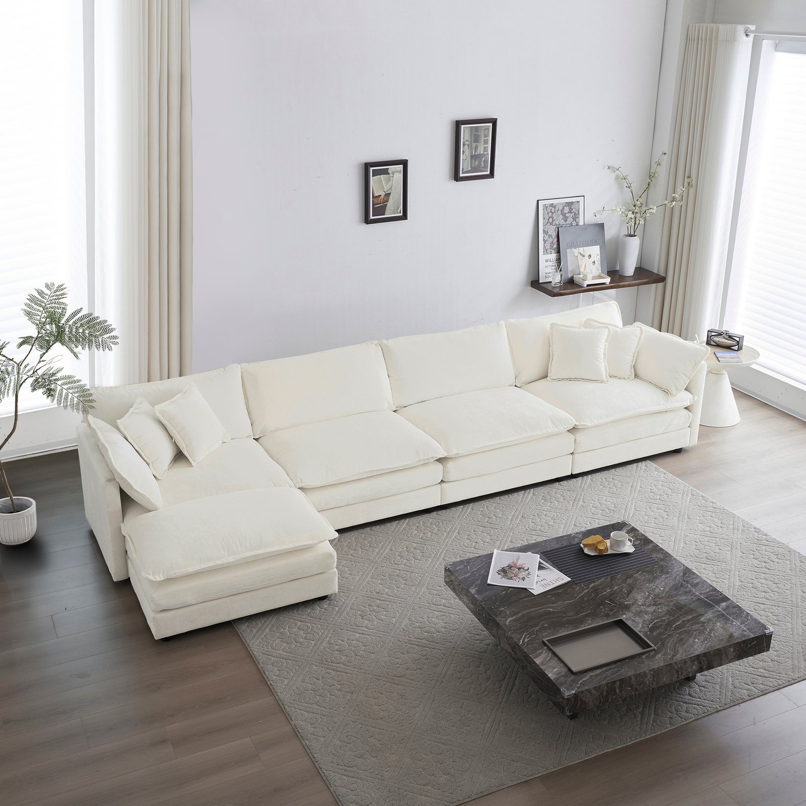 a5ba9096-c89b-45e0-83a6-facf85d32222.jpg Modular Sectional Sofa For Living Room,U Shaped Couch 5 Seater Convertible Sectional Couch With 1 Ottoman ,White Chenille - Image 1