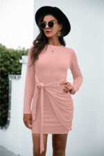Hot  Long Sleeve Round Neck Tie Solid Color Dress - Image 4