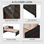 3 Piece Patio Furniture Set, Rattan Outdoor Sofa Set With Chaise Lounge & Loveseat, Soft Cushions, Tempered Glass Table, L-Shaped Sectional Couch, Beige - Image 3