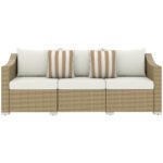 Rattan Wicker 3 Seater Patio Couch With Cushions, 2 Throw Pillows, Outdoor Furniture Rattan Sofa, Cream White