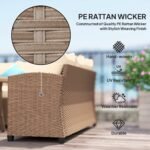 6 Piece Patio Furniture Set, PE Wicker Outdoor Furniture Conversation Set with 3 Sofas, 2 Ottomans and Slatted WPC Top Dining Table, All Weather Sectional Sofa Couch with Pillows, Khaki - Image 5