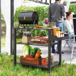 3-Tier Outdoor Grill Cart with Storage Racks, Side Handle, Movable Pizza Oven Table on Wheels